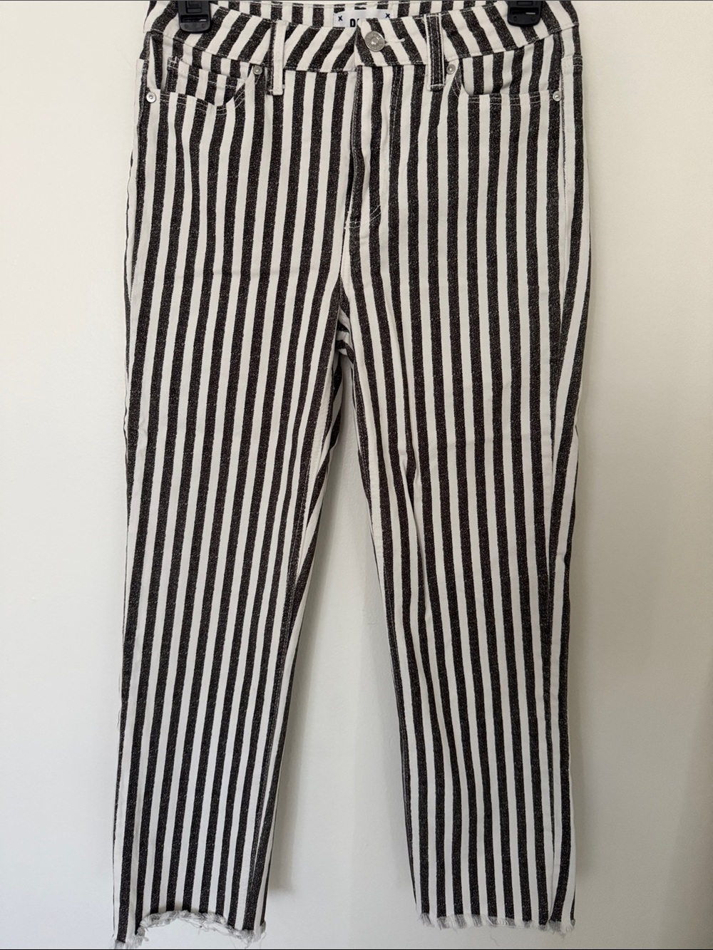 PAIGE Black and White Vertical Stripe Cropped Jeans